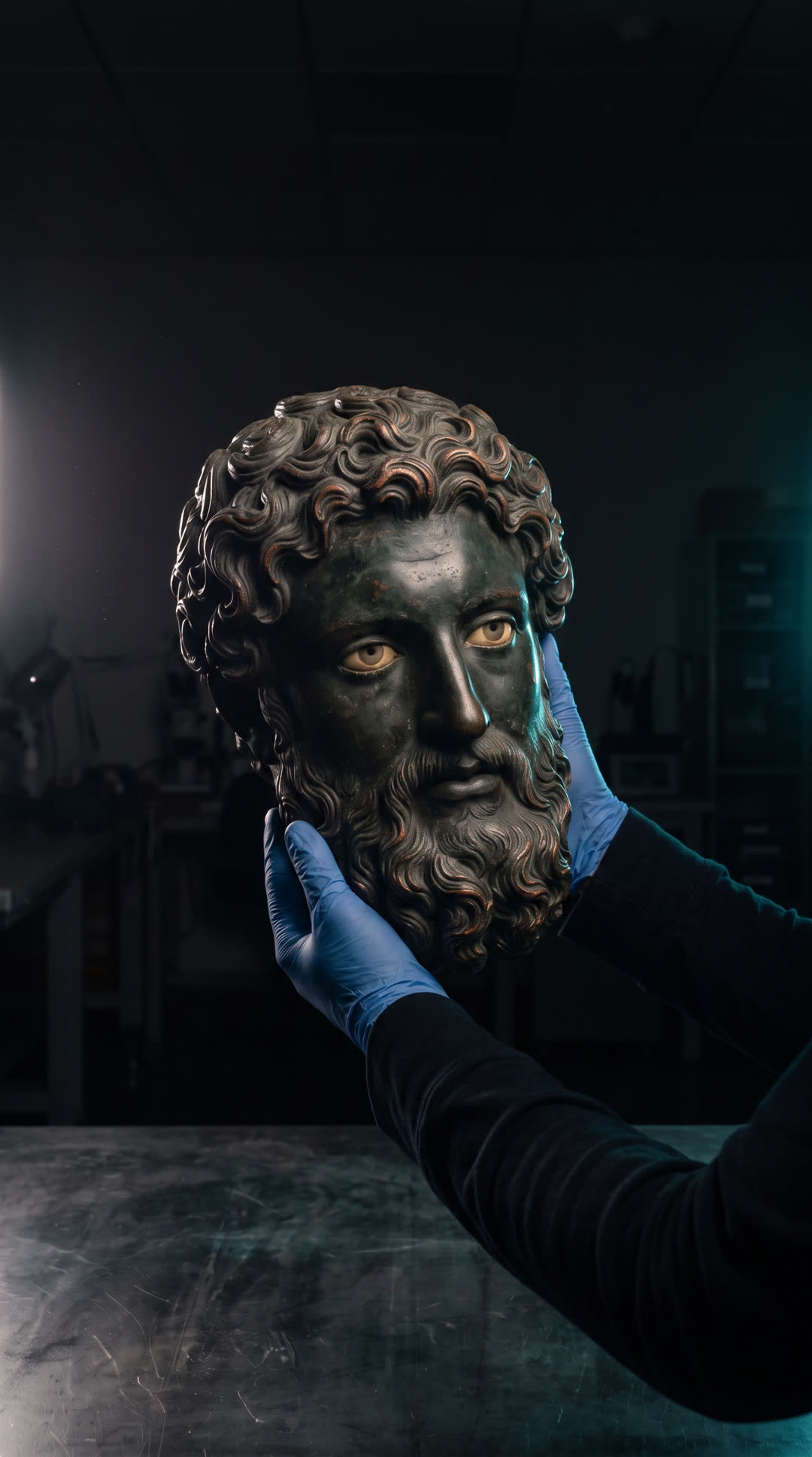 Due mani in guanti di nitrile blu che reggono la testa di bronzo da sotto.